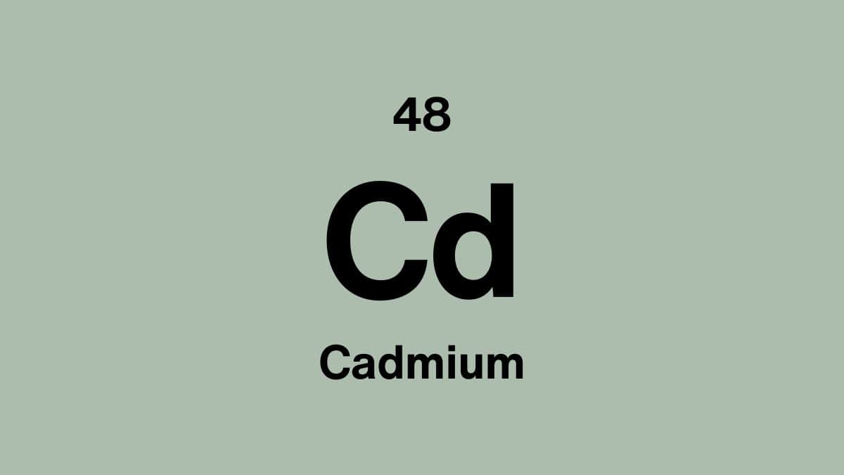 Cadmium element symbol Cd, atomic number 48, on a sage green periodic table tile