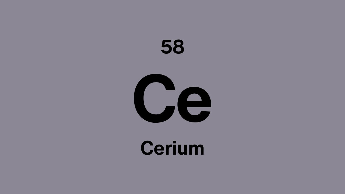 Cerium element symbol Ce, atomic number 58, on a lavender periodic table tile