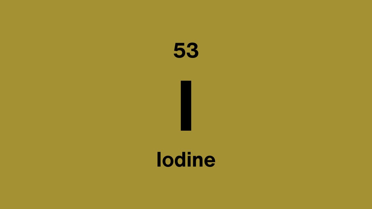 Iodine element symbol I, atomic number 53, on an olive gold periodic table tile