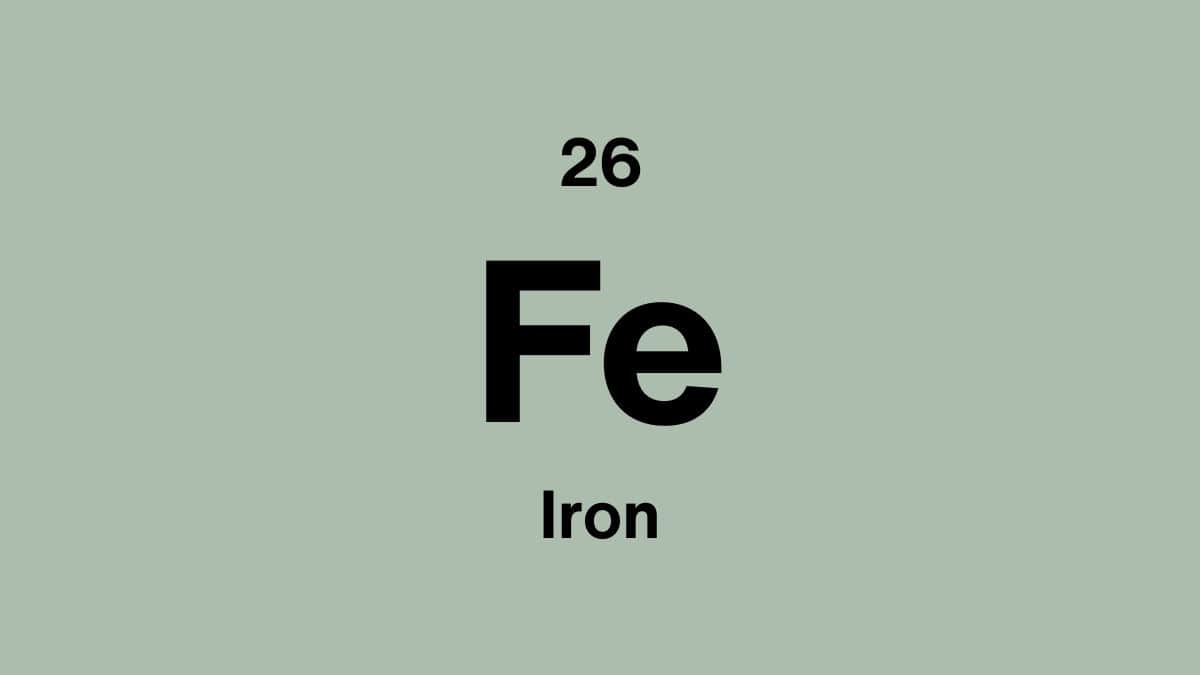 Iron element symbol Fe, atomic number 26, on a sage green periodic table tile