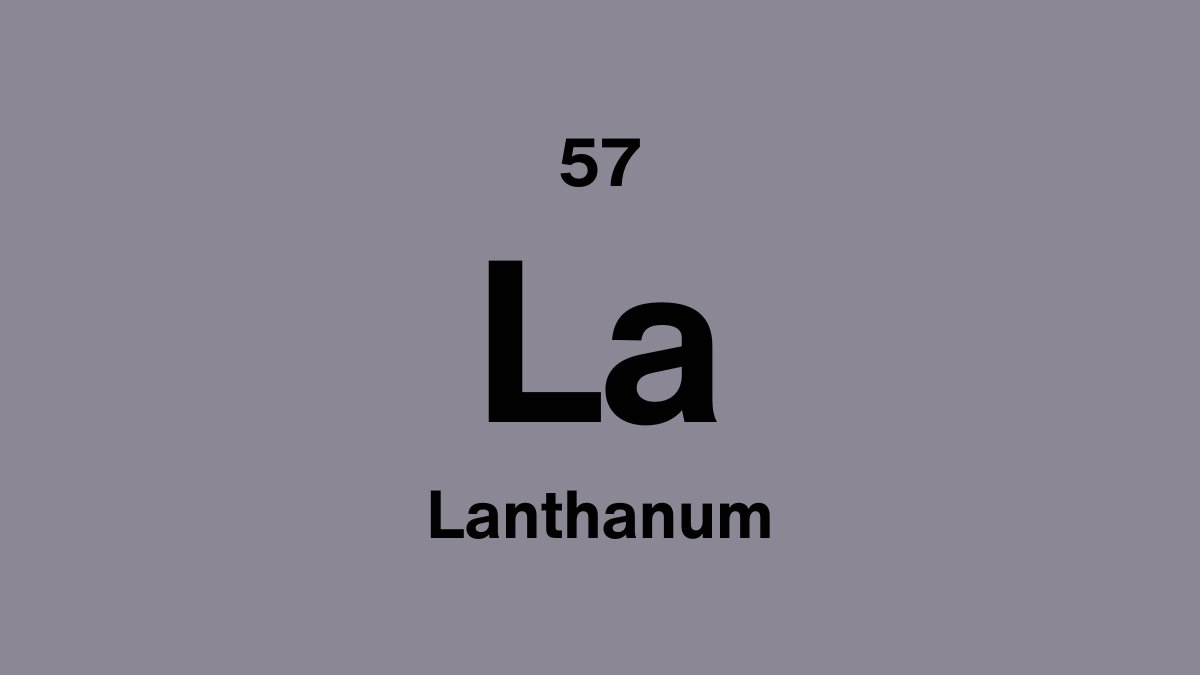 Lanthanum element symbol La, atomic number 57, on a lavender periodic table tile