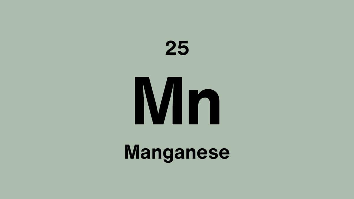 Manganese element symbol Mn, atomic number 25, on a sage green periodic table tile