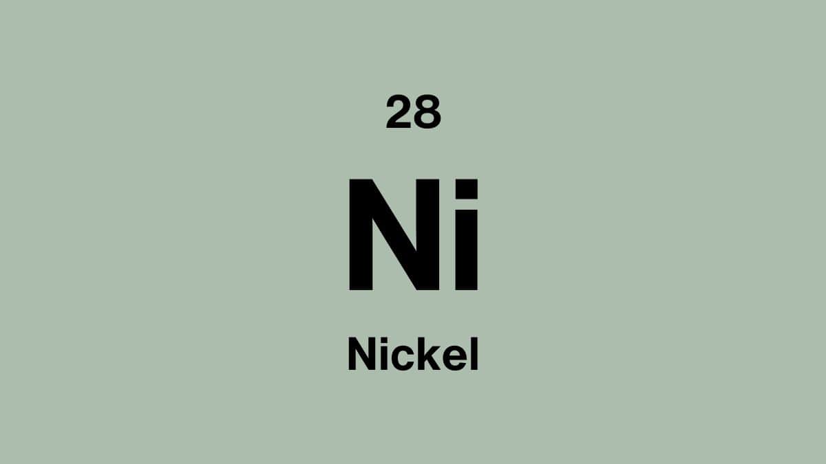Nickel element symbol Ni, atomic number 28, on a sage green periodic table tile