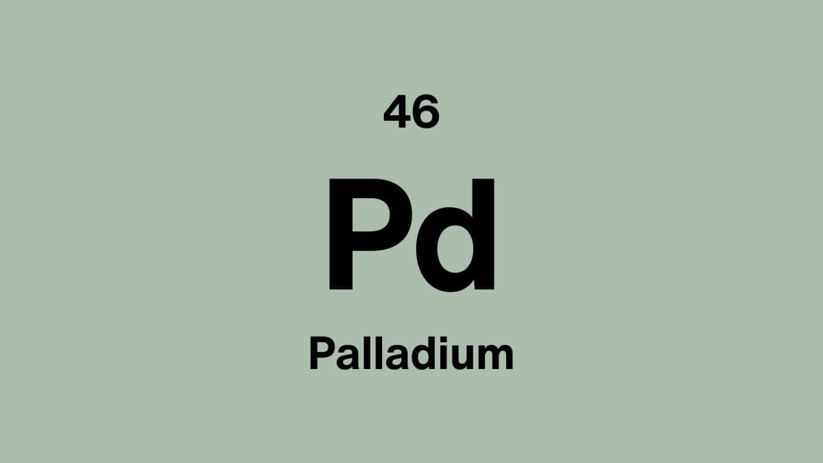 Palladium element symbol Pd, atomic number 46, on a sage green periodic table tile