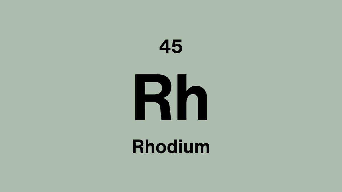 Rhodium element symbol Rh, atomic number 45, on a sage green periodic table tile