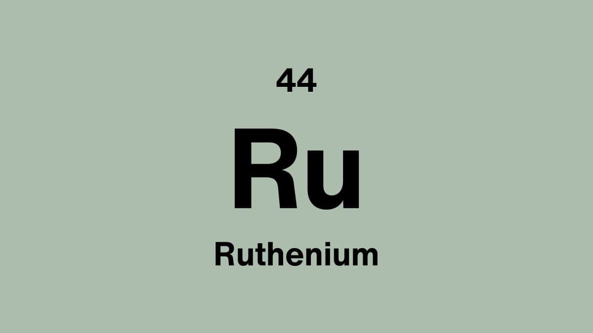 Ruthenium element symbol Ru, atomic number 44, on a sage green periodic table tile