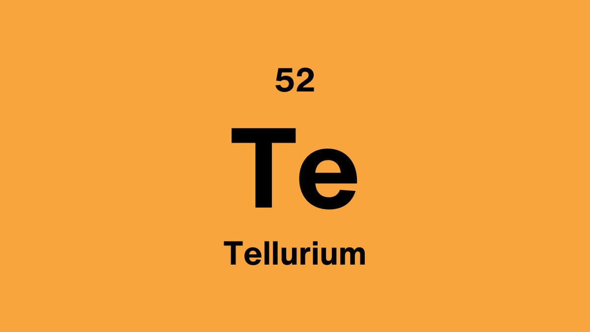 Tellurium element symbol Te, atomic number 52, on an orange periodic table tile