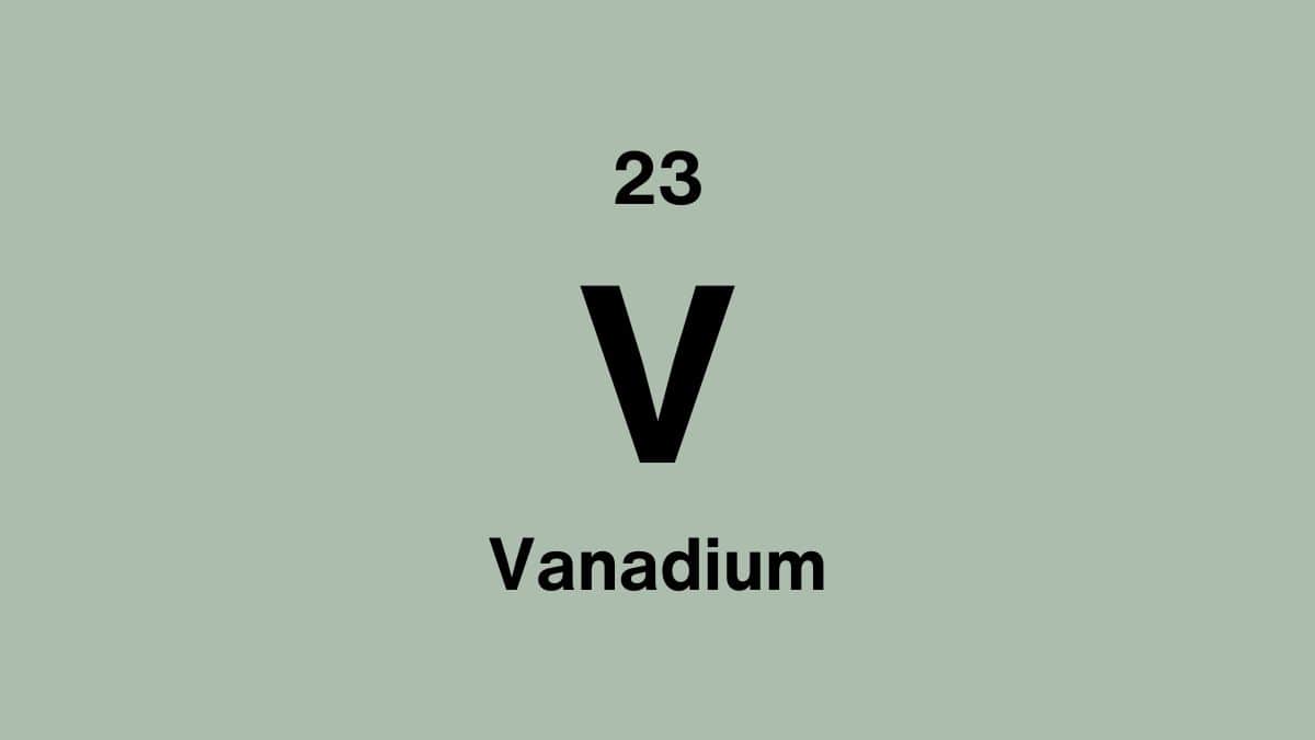 Vanadium element symbol V, atomic number 23, on a sage green periodic table tile